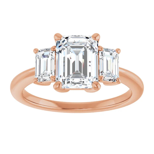 Emerald Rose Gold Tri Stone Lab Diamond Engagement Ring