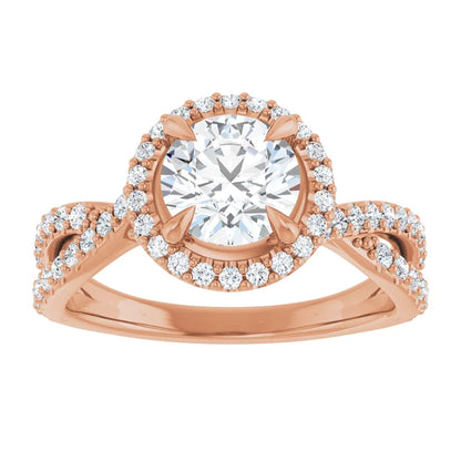 Round Brilliant Rose Gold Twist Band Halo Lab Diamond Engagement Ring  