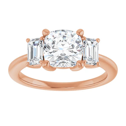Cushion Rose Gold Tri Stone Lab Diamond Engagement Ring