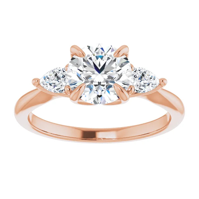 Round Brilliant Rose Gold Tri -Stone Style Pear Accent Engagement Ring