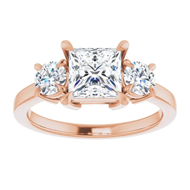 Princess Rose Gold Tri Stone Lab Diamond Engagement Ring 
