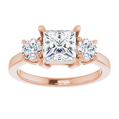Princess Rose Gold Tri Stone Lab Diamond Engagement Ring 
