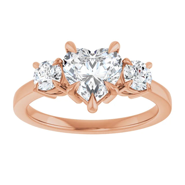 Heart Rose Gold Tri Stone Lab Diamond Engagement Ring 