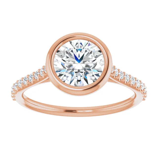 Round Brilliant Rose Gold Bezel Pave Lab Diamond Engagement Ring 