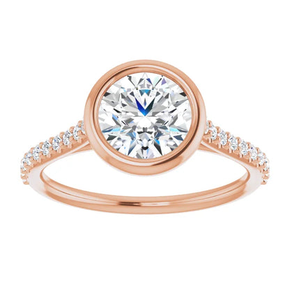 Round Brilliant Rose Gold Bezel Pave Lab Diamond Engagement Ring 