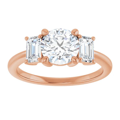 Round Brilliant Rose Gold Tri Stone Lab Diamond Engagement Ring