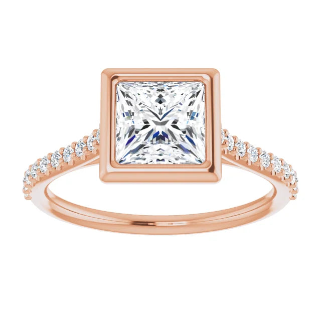 Princess Rose Gold Bezel Pave Lab Diamond Engagement Ring 