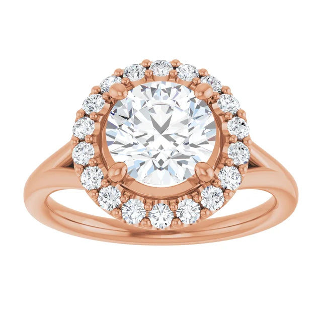 Round Brilliant Rose Gold Halo Solitaire Split Band Lab Diamond Engagement Ring 
