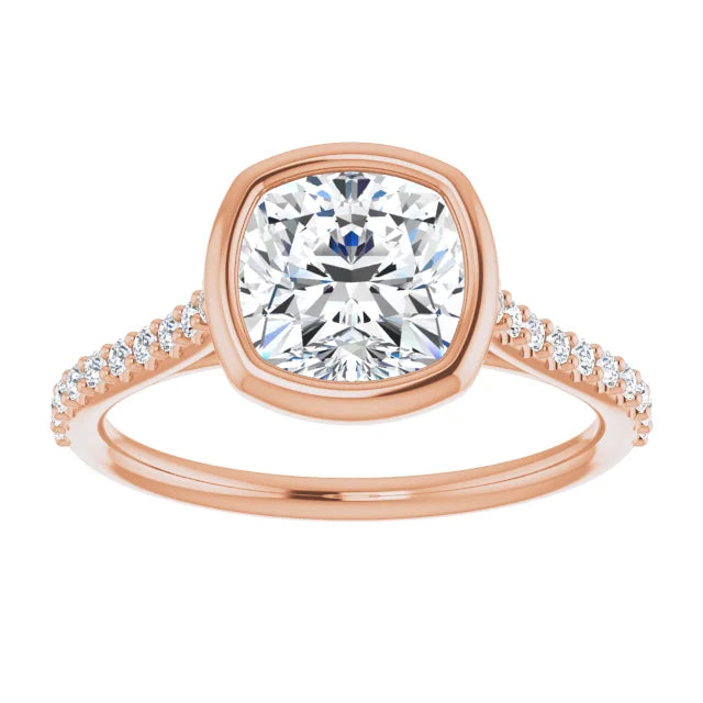 Cushion Rose Gold Bezel Pave Lab Diamond Engagement Ring 