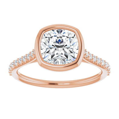 Cushion Rose Gold Bezel Pave Lab Diamond Engagement Ring 