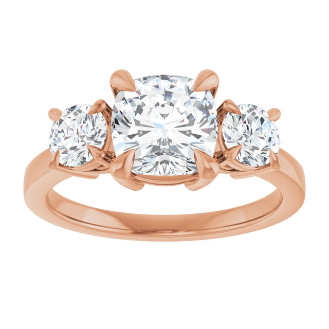 Cushion Rose Gold Tri Stone Lab Diamond Engagement Ring 