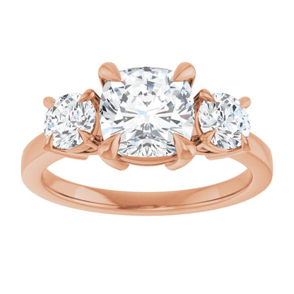 Cushion Rose Gold Tri Stone Lab Diamond Engagement Ring 