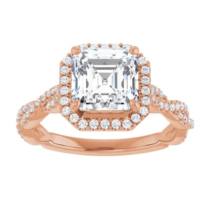 Asscher Rose Gold Halo Twist Pave Moissanite Engagement Ring 