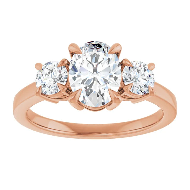Oval Rose Gold Tri Stone Lab Diamond Engagement Ring 