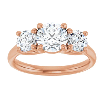 Round Brilliant Rose Gold Tri Stone Lab Diamond Engagement Ring