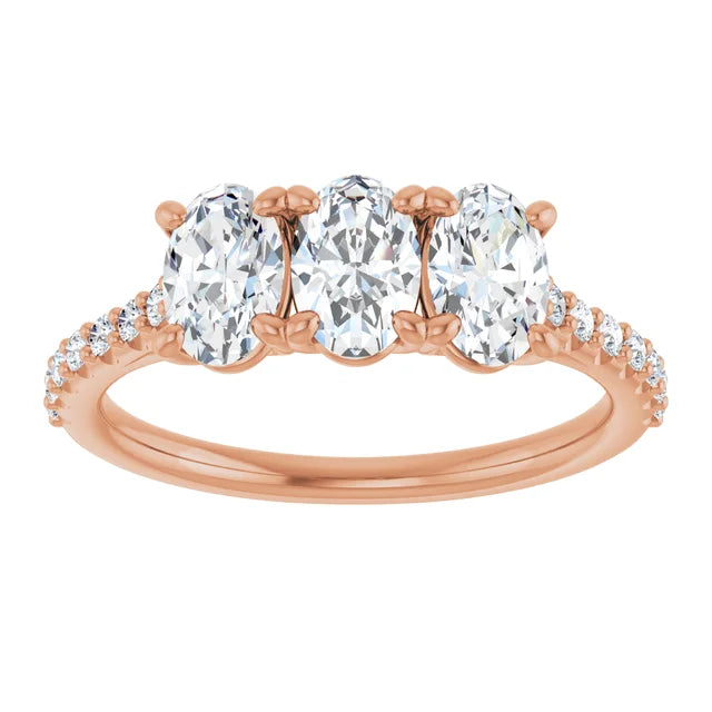 Oval Rose Gold Tri Stone Lab Diamonds Engagement Ring 