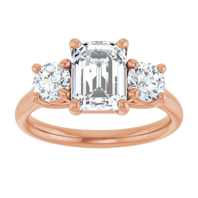 Emerald Rose Gold Tri Stone Lab Diamond Engagement Ring