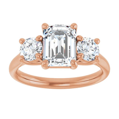 Emerald Rose Gold Tri Stone Lab Diamond Engagement Ring