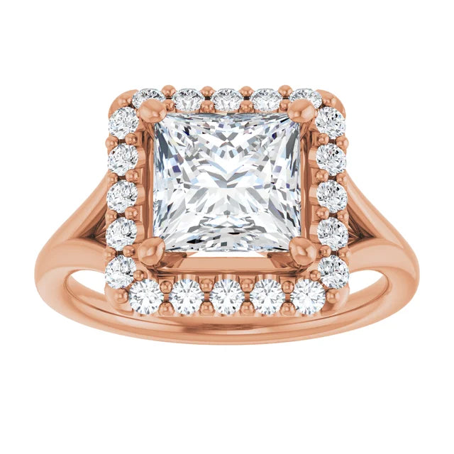 Princess Rose Gold Halo Solitaire Split Band Lab Diamond Engagement Ring 