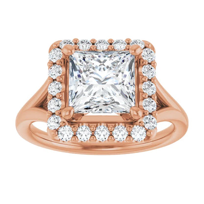 Princess Rose Gold Halo Solitaire Split Band Lab Diamond Engagement Ring 
