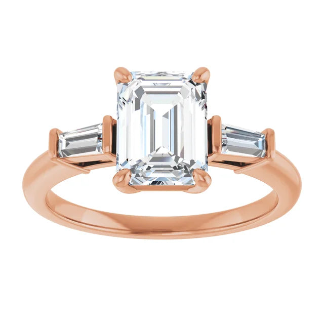 Emerald Rose Gold Baguette Accent Lab Diamond Engagement Ring 