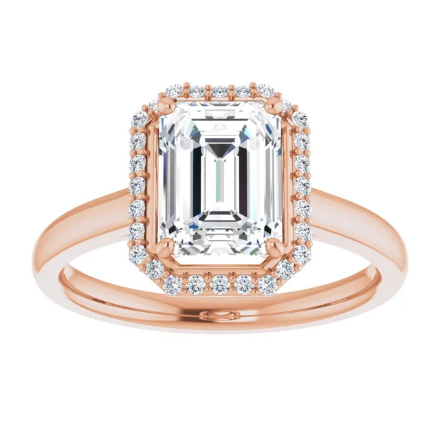 Emerald Halo Solitaire Lab Diamond Engagement Ring Rose Gold. 
