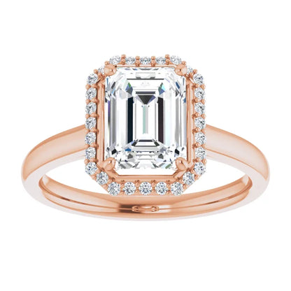 Emerald Halo Solitaire Lab Diamond Engagement Ring Rose Gold. 