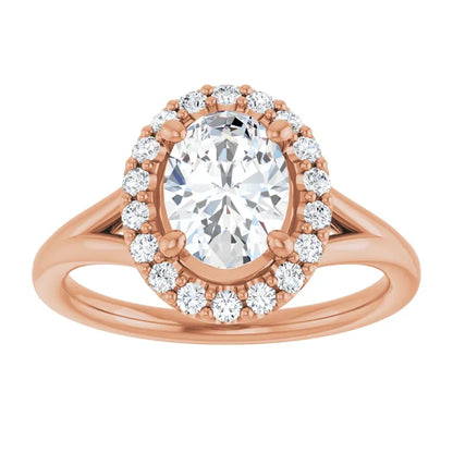 Oval Rose Gold Halo Solitaire Split Band Lab Diamond Engagement Ring 