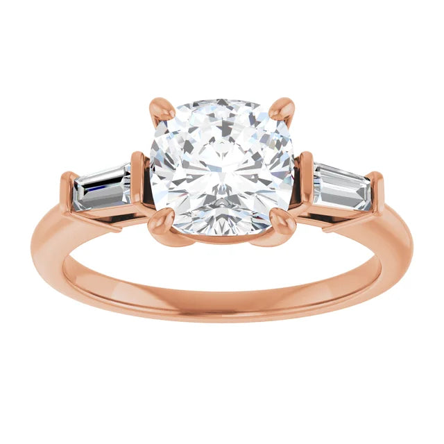 Cushion Rose Gold Baguette Accent Lab Diamond Engagement Ring 