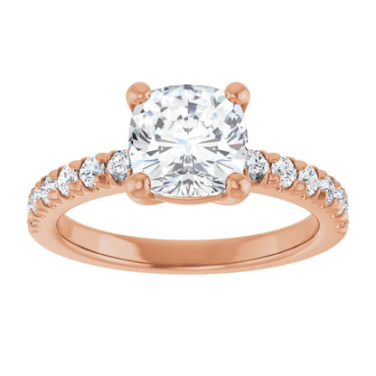 Cushion Four Claw Pave Rose Gold Engagement Ring 