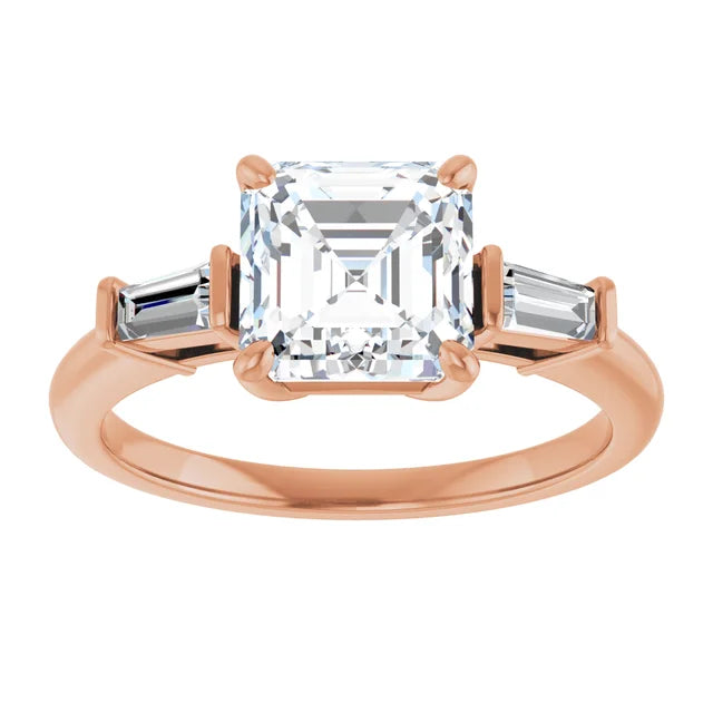 Asscher Rose Gold Baguette Accent Lab Diamond Engagement Ring 