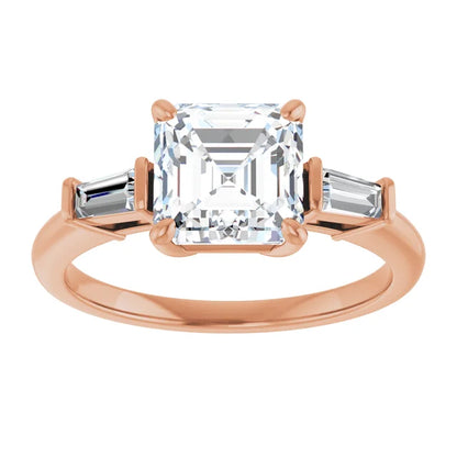 Asscher Rose Gold Baguette Accent Lab Diamond Engagement Ring 