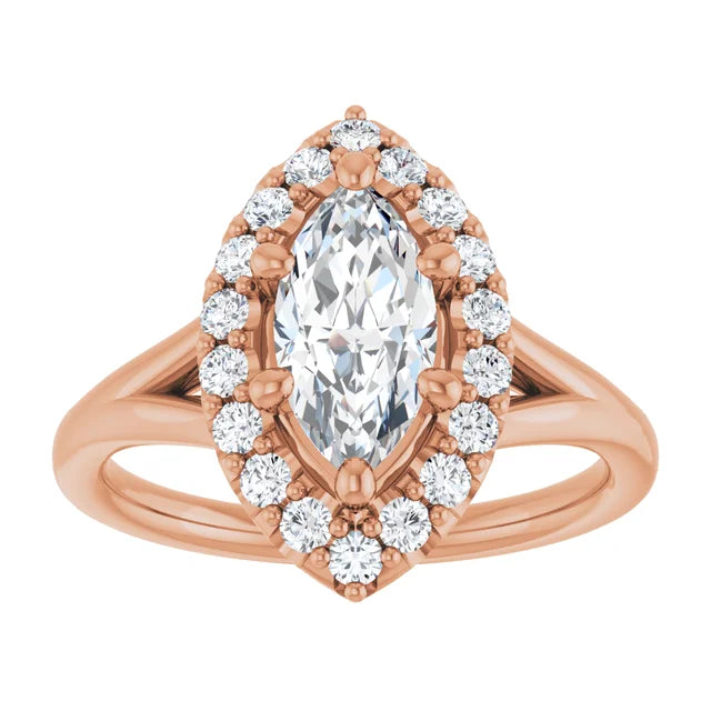 Marquise Rose Gold Halo Solitaire Split Band Lab Diamond Engagement Ring 