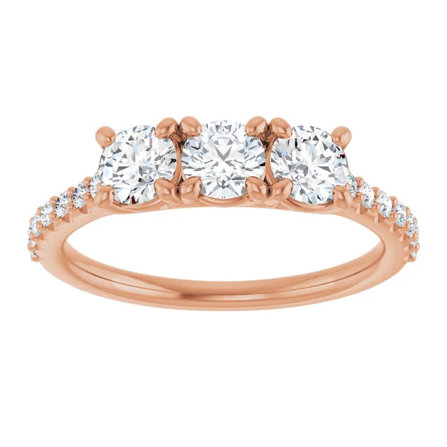 Round Brilliant Rose Gold Tri Stone Lab Diamonds Engagement Ring 