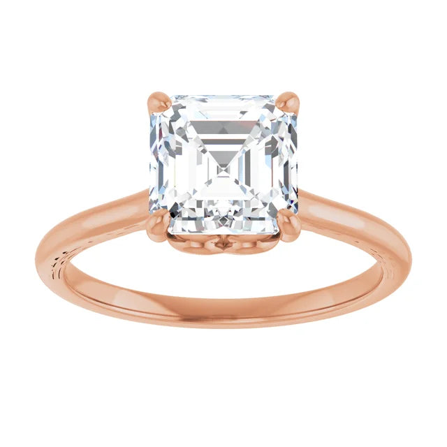 Asscher Rose Gold Four Claw Solitaire Lab Diamond Engagement Ring 