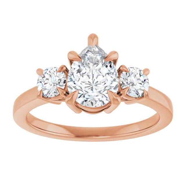Pear Rose Gold Tri Stone Lab Diamond Engagement Ring 