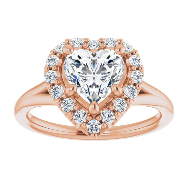 Heart Rose Gold Halo Solitaire Split Band Lab Diamond Engagement Ring 
