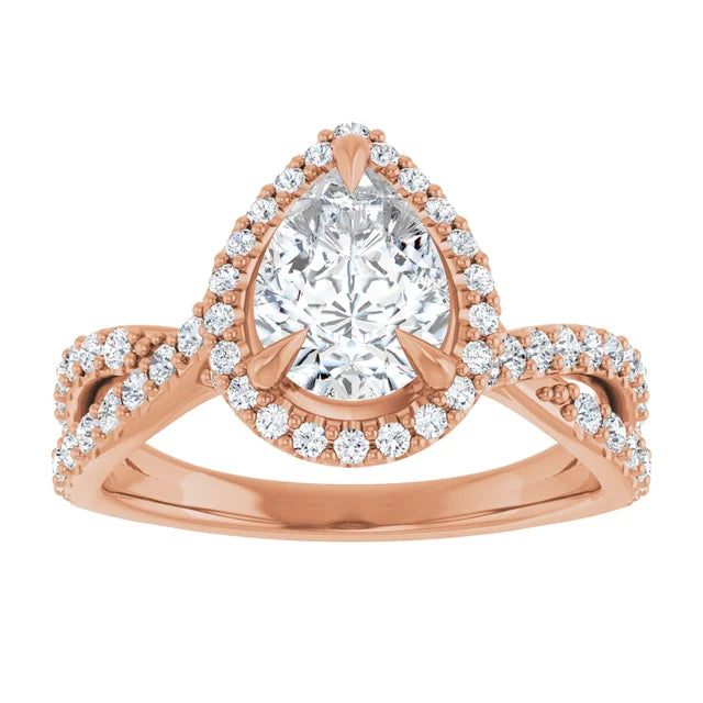 Pear Rose Gold Twist Band Halo Lab Diamond Engagement Ring  