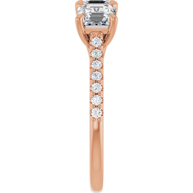Asscher Rose Gold Tri Stone Lab Diamonds Engagement Ring 