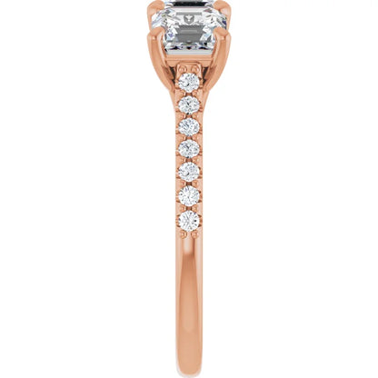 Asscher Rose Gold Tri Stone Lab Diamonds Engagement Ring 