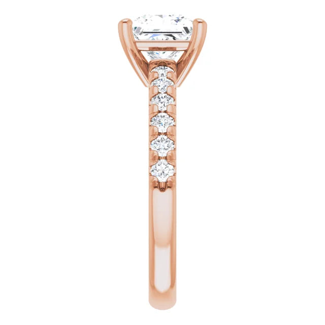 Princess Rose Gold Four Claw Pave Band Lab Diamond Engagement Ring 