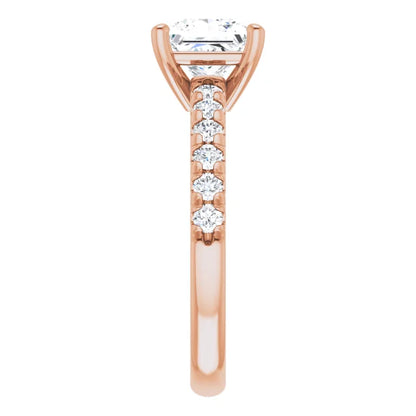 Princess Rose Gold Four Claw Pave Band Lab Diamond Engagement Ring 