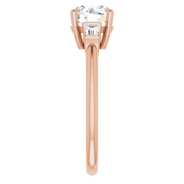 Round Brilliant Rose Gold Baguette Accent Lab Diamond Engagement Ring 