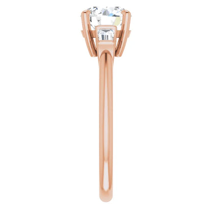 Round Brilliant Rose Gold Baguette Accent Lab Diamond Engagement Ring 