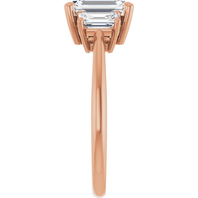 Emerald Rose Gold Tri Stone Lab Diamond Engagement Ring