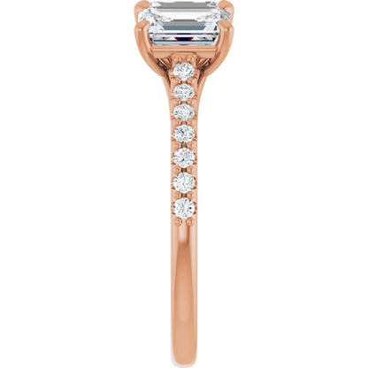 Emerald Rose Gold Tri Stone Lab Diamonds Engagement Ring 