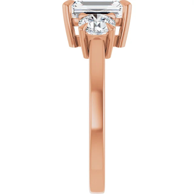 Emerald Rose Gold Tri Stone Lab Diamond Engagement Ring 