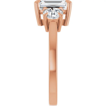 Emerald Rose Gold Tri Stone Lab Diamond Engagement Ring 