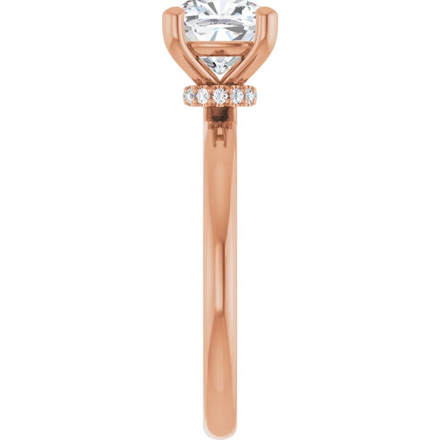 Cushion Cut Rose Gold Low Hidden Halo Solitaire Engagement Ring