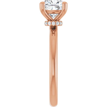 Cushion Cut Rose Gold Low Hidden Halo Solitaire Engagement Ring